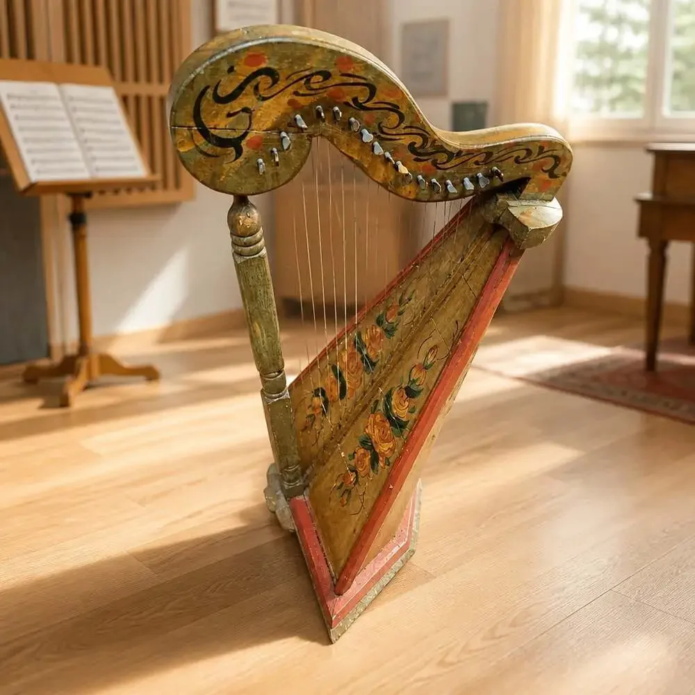 Antique 19thC Folk Art Table Harp Painted Lap Harp Zither Celtic Parlor Instrume